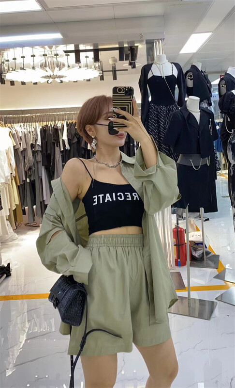 [semi plain] loose and versatile hollow sleeve shirt + casual Shorts Set y771\zjy
