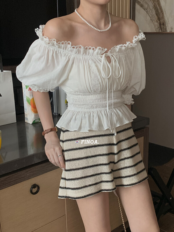 [finoa] fresh aging drawstring one neck shirt 10606