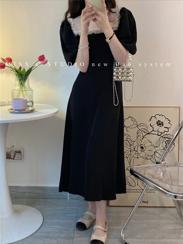 [miss.c studio] French Retro Style Bubble Sleeve patchwork dress 2113\zxx