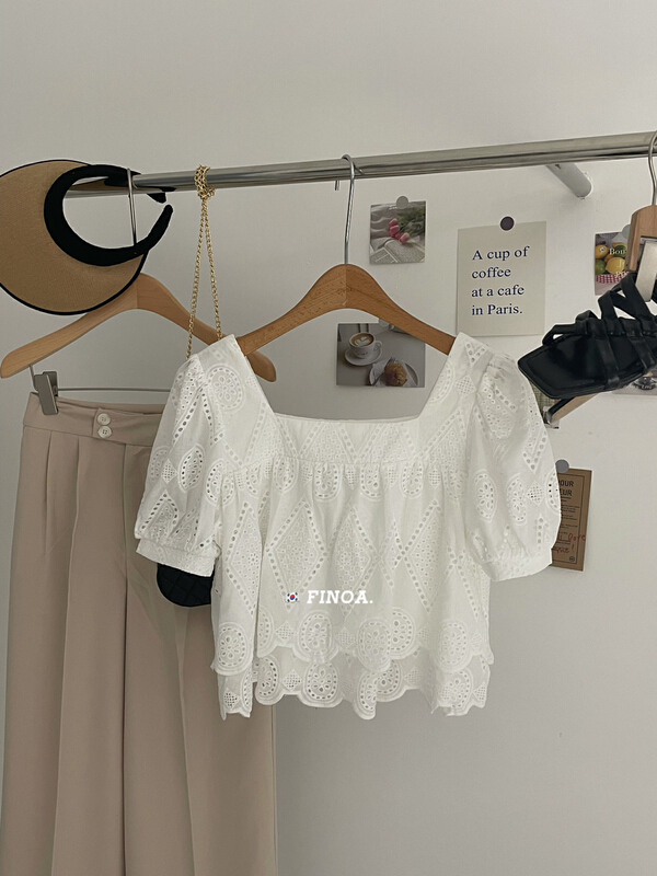[finoa] square neck double-layer hollow out design shirt finoa10573