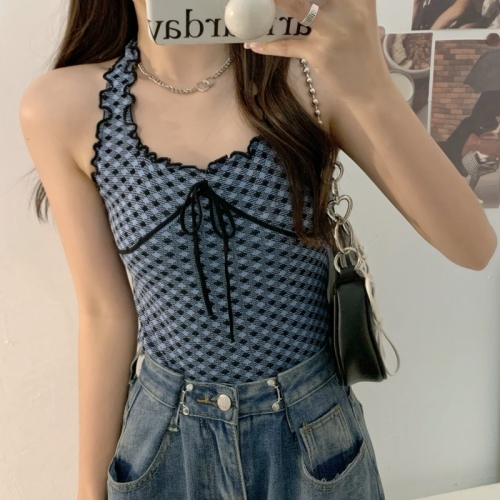 Real auction real price French retro wood ear edge slim fit lattice short Spice Girl neck strap tank top