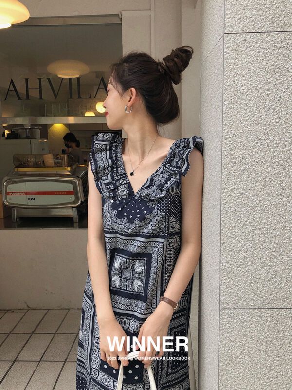[winner] Vintage printed lotus leaf V-neck dress 9082\ll