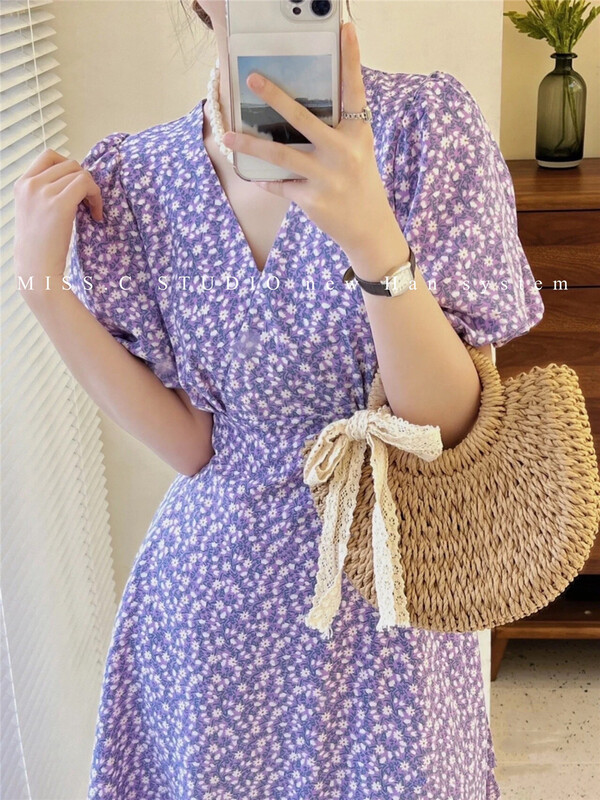 [miss.c studio] Korean V-neck bubble sleeve floral dress 2021\zxx
