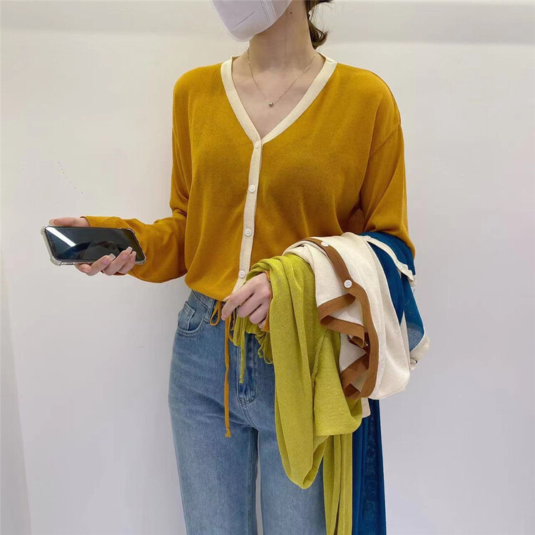 Eleven colors! [dvz] Korean V-neck color contrast edge sunscreen knitted cardigan 62053\zxx