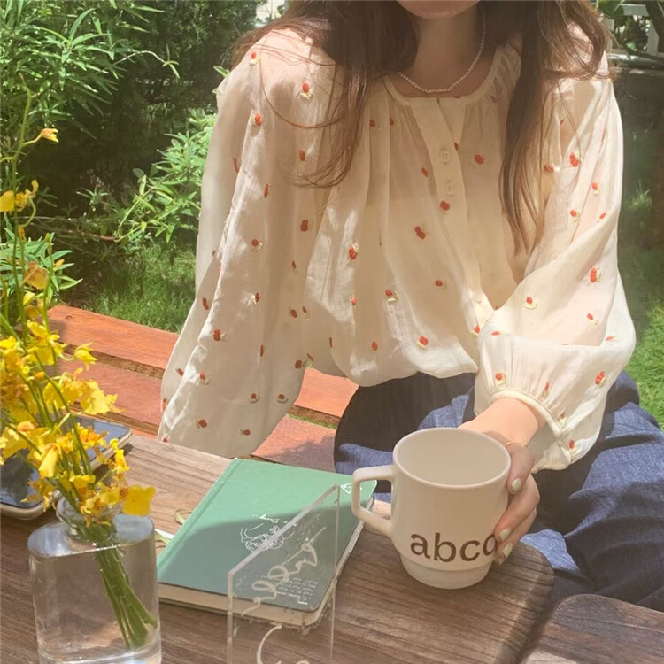 [ange RuRu] Embroidered Floral thin loose belly covering Long Sleeve Chiffon shirt 3019-1\zjy