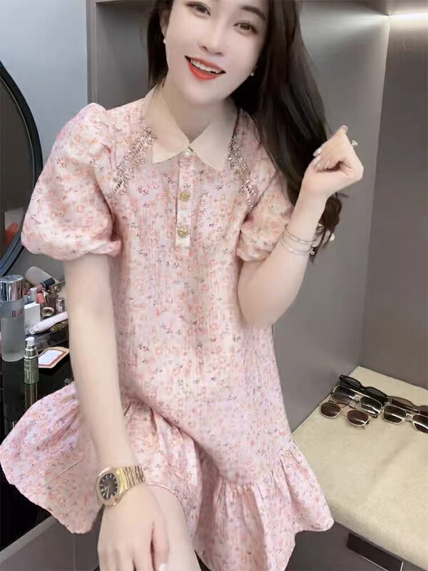 Original price 98.99! In early summer! [ou zhengsha] Korean sweet floral bubble short sleeve dress 18717\jj