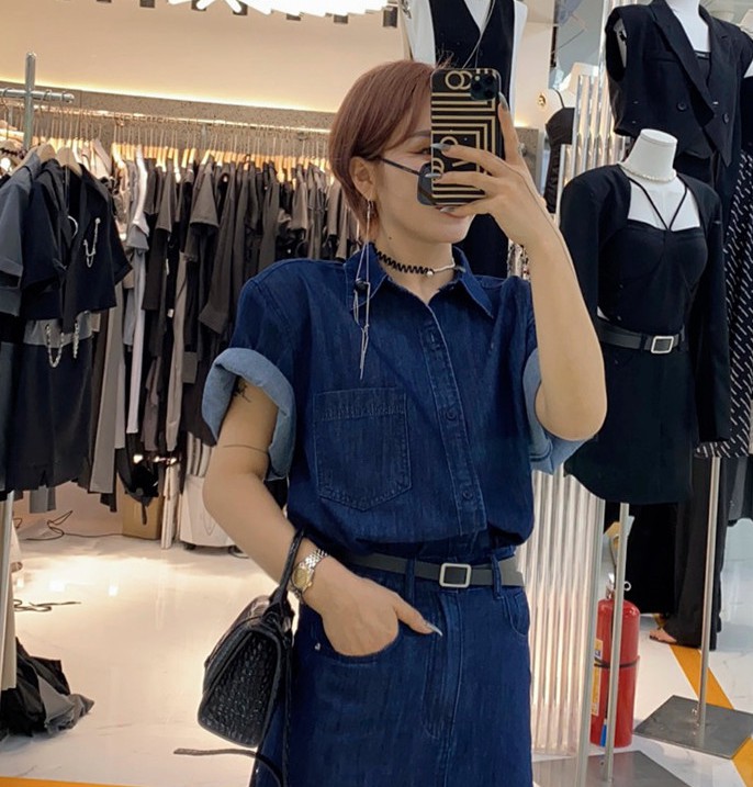 [semi vegetarian] casual loose short sleeve denim shirt c1007\zjy