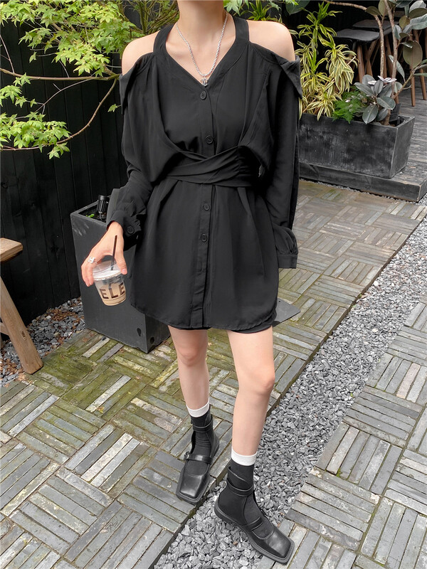 [miss sunflower] loose breasted shirt + slim solid casual Shorts Set 8059\ozq