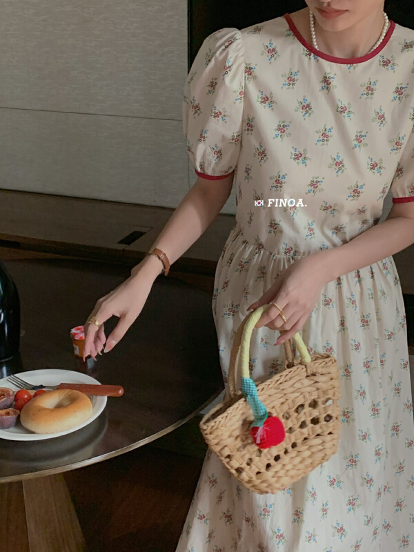 [finoa] brick red collar floral loose dress olive1187