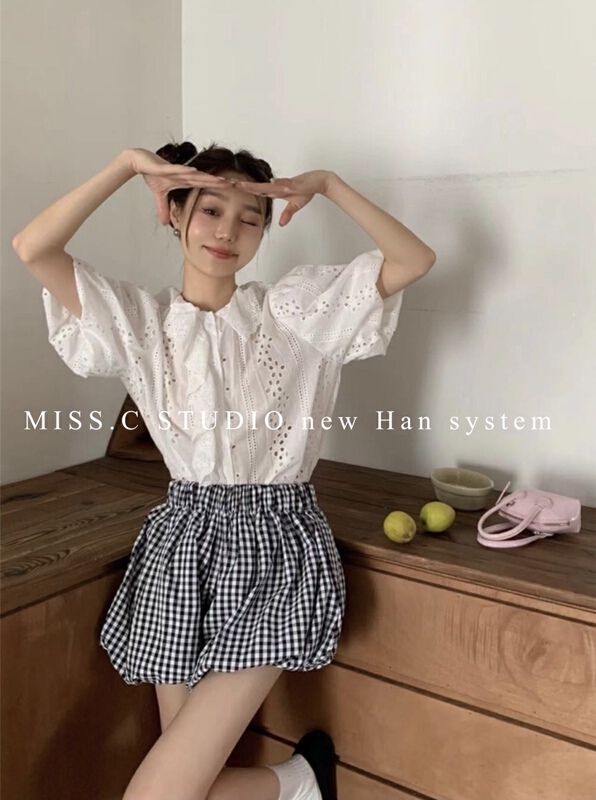 【MISS.C STUDIO】鬆緊腰格紋百搭寬鬆休閒短褲  1011#  ZXX