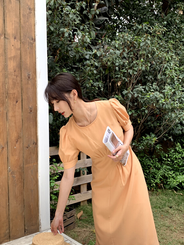 [context sense] temperament Solid Color Bubble Sleeve round neck dress atts660\csx