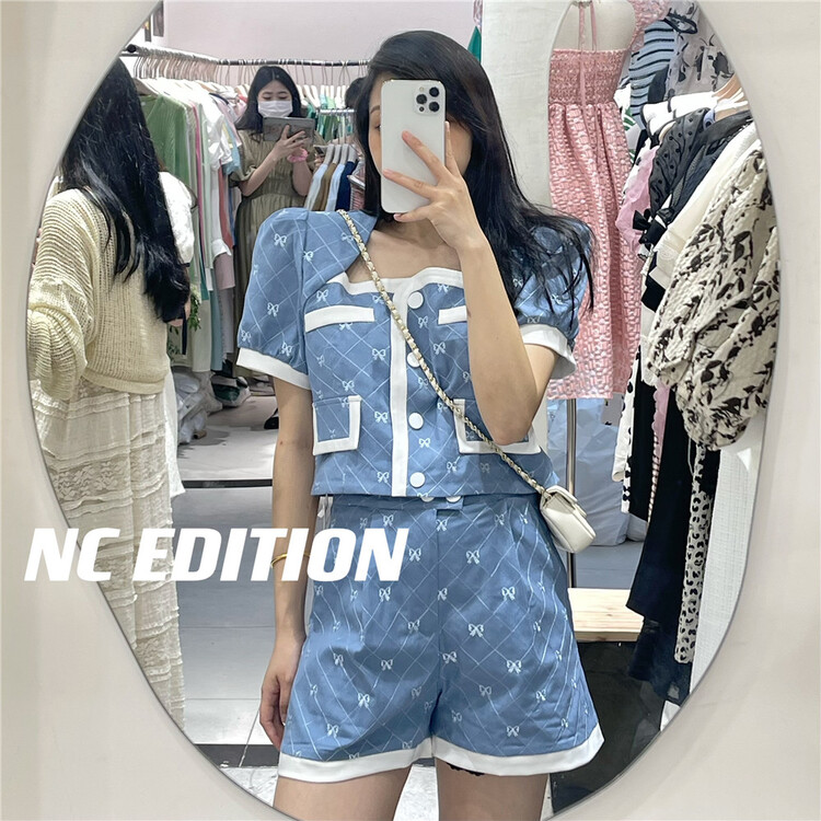 【NC EDITION/NEW COLO】方領泡泡袖蝴蝶結小衫+休閒短褲套裝  W9509#  ZXX