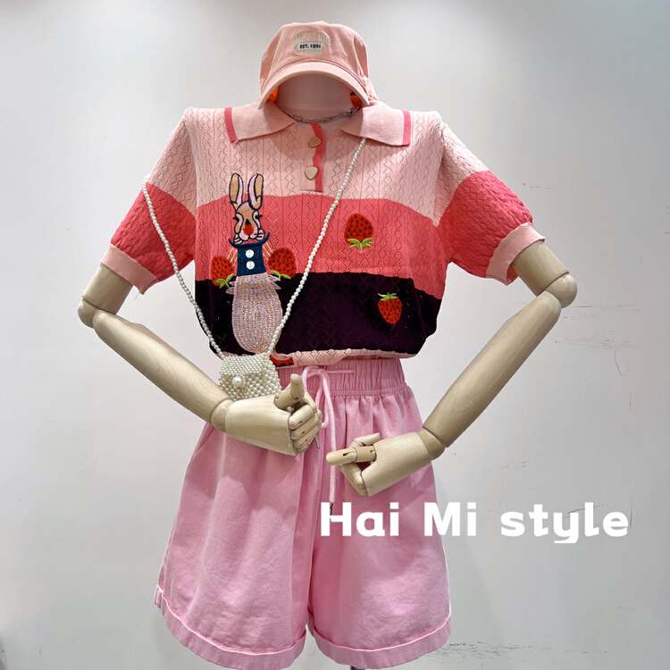 [Haimi] Korean color contrast versatile heavy craft rabbit cloth embroidered sweater (top sold only) 1950\wtt
