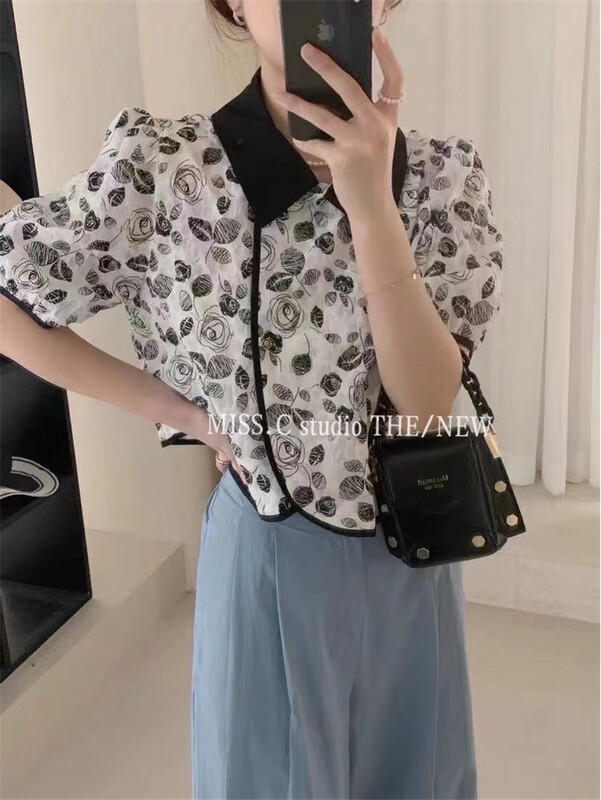 [miss.c studio] Vintage bubble sleeve printed shirt 8892\zxx