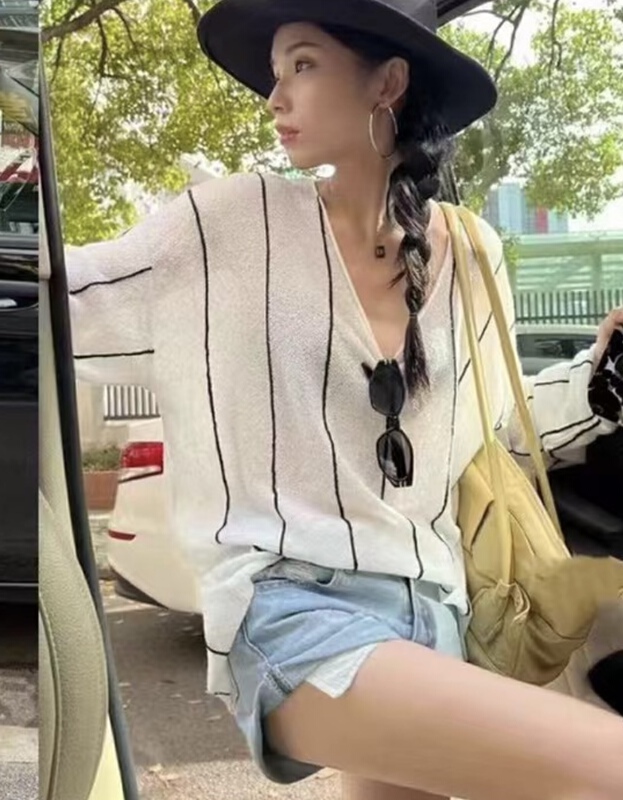 [mozr] casual V-neck stripe T-shirt 9031\xyj