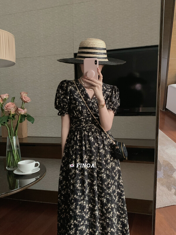 [finoa] Korean style retro style thin floral dress 1182
