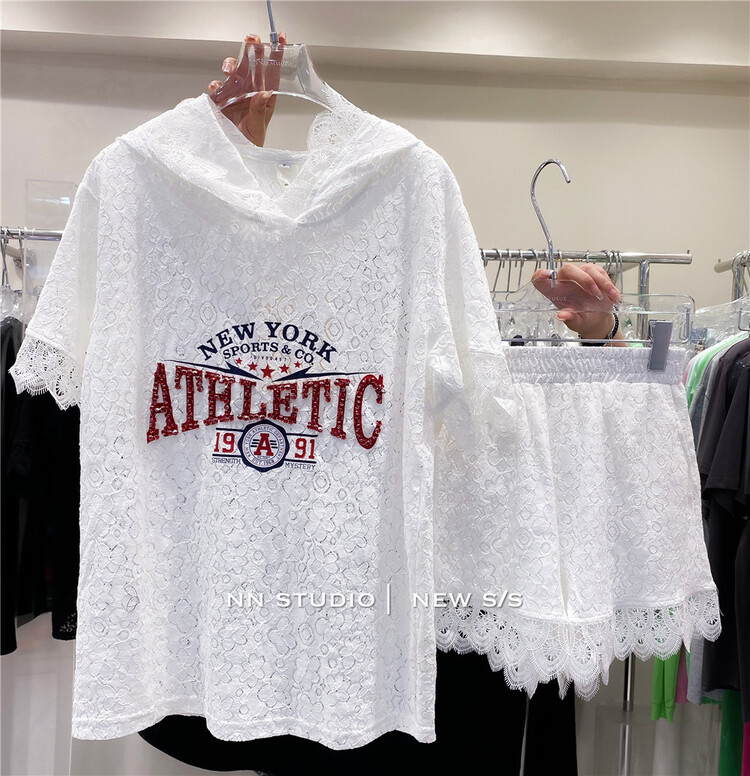 [NN] design print lace hooded short sleeve T-shirt + high waist slim Shorts Set ys1-8670\xyy