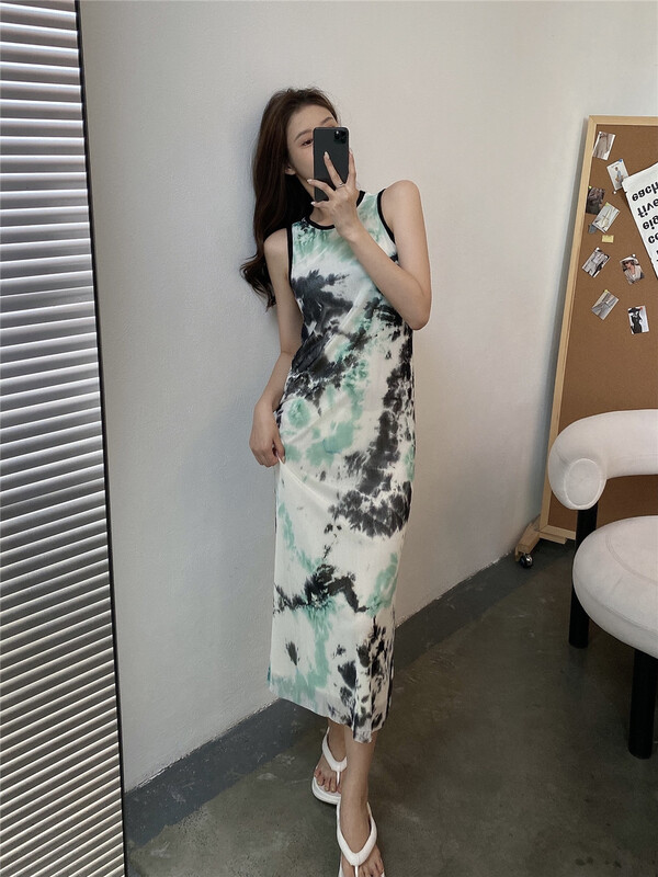 [modern 197] Vintage round neck sleeveless tie dyed dress 61052\lsl