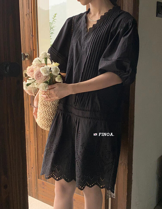 [finoa] temperament V-neck loose bubble sleeve dress 10580
