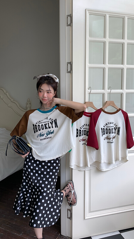 [our] letter fashion contrast short sleeve T-shirt 11187\lsw