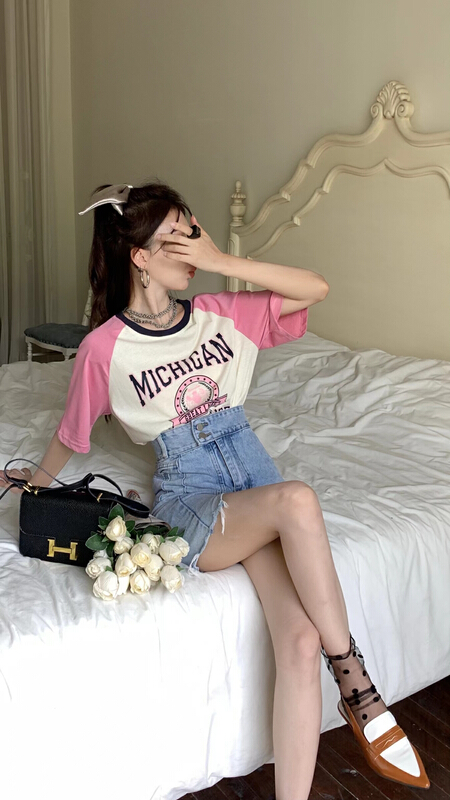 [our] casual round neck color block printed short sleeve T-shirt 11186\lsw