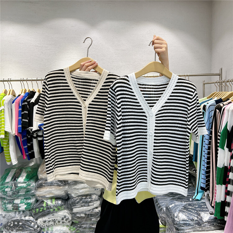 [s'seven] V-neck striped single breasted knit cardigan 3054 \xyj