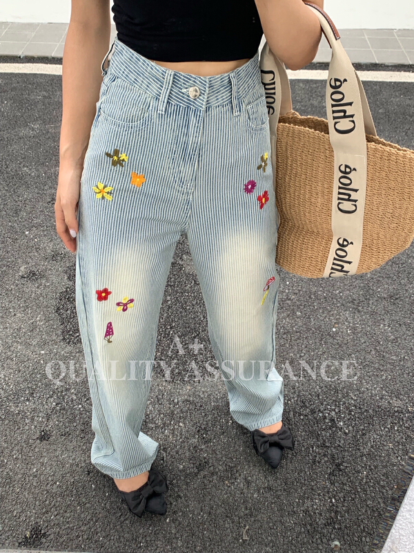 [a+] fashion striped flower embroidered jeans 7718-1\l