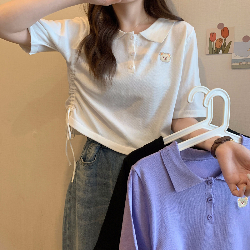 Real price ~ drawstring lace up careful machine design top summer loose short Polo short sleeve T-shirt bear