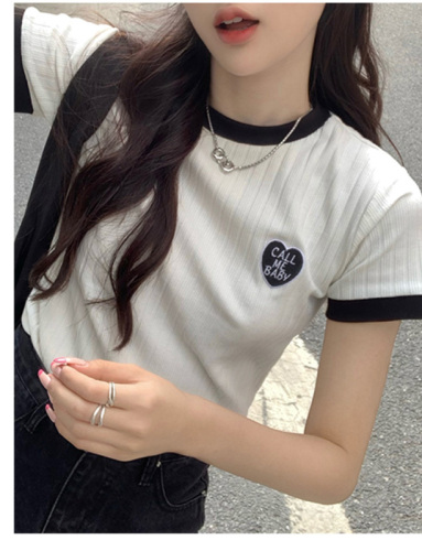 White short sleeve T-shirt women slim contrast color 2022 summer new design half sleeve straight shoulder T-Shirt Top