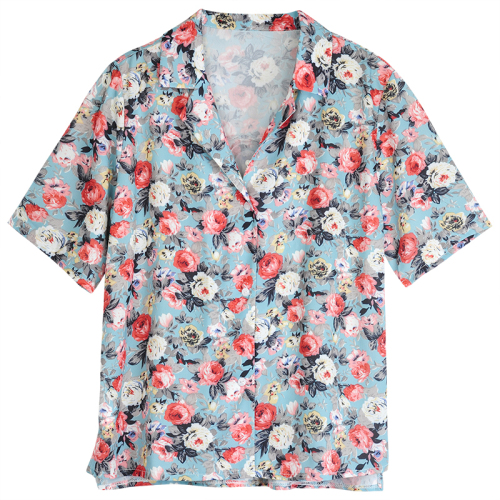 Summer design sense niche Short Sleeve Chiffon shirt V-neck floral top retro Hong Kong Style loose shirt women's fashion