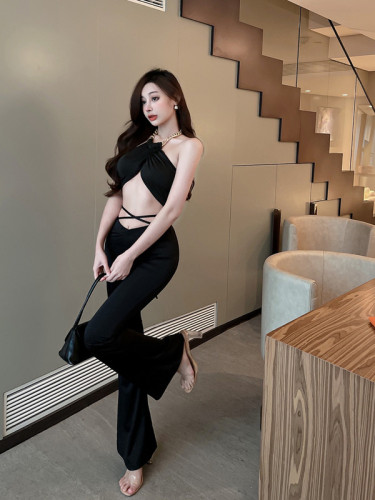 Real shot ~ Spice Girl Hong Kong Style Sexy suit two-piece set short hanging neck open waist Top + lace up low waist casual pants women