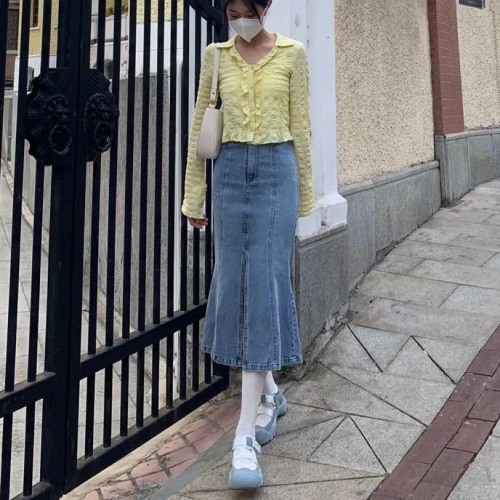Retro High Waist split fishtail denim skirt women's summer Korean version new ins versatile medium length slim wrap hip skirt