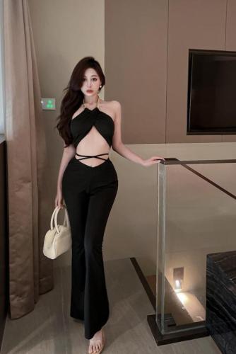 Real shot ~ Spice Girl Hong Kong Style Sexy suit two-piece set short hanging neck open waist Top + lace up low waist casual pants women