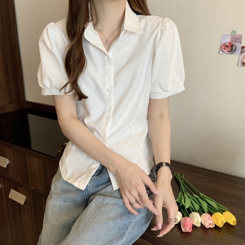 Actual shooting of new bubble sleeves in summer  chic white shirt women's short slim fit versatile sweet and spicy blouse women