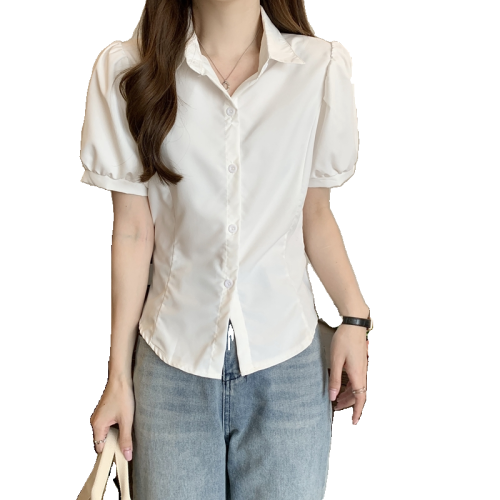 Actual shooting of new bubble sleeves in summer  chic white shirt women's short slim fit versatile sweet and spicy blouse women