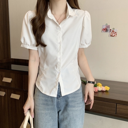 Actual shooting of new bubble sleeves in summer  chic white shirt women's short slim fit versatile sweet and spicy blouse women