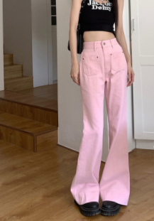 Design sense Spice Girl Pink High Waist micro flare jeans women's small summer straight tube loose thin wide leg pants trend