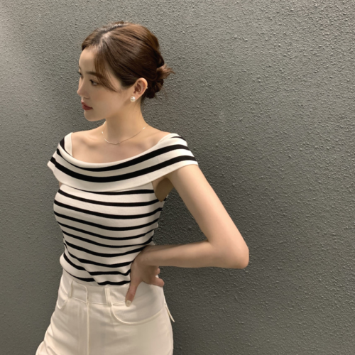 Korean chic summer small sexy straight neck sweater top