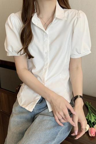 Actual shooting of new bubble sleeves in summer  chic white shirt women's short slim fit versatile sweet and spicy blouse women