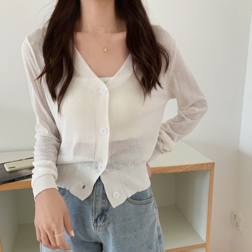 Real shot -v-neck thin knitted cardigan top women's summer soft sweet loose short sleeved sunscreen coat