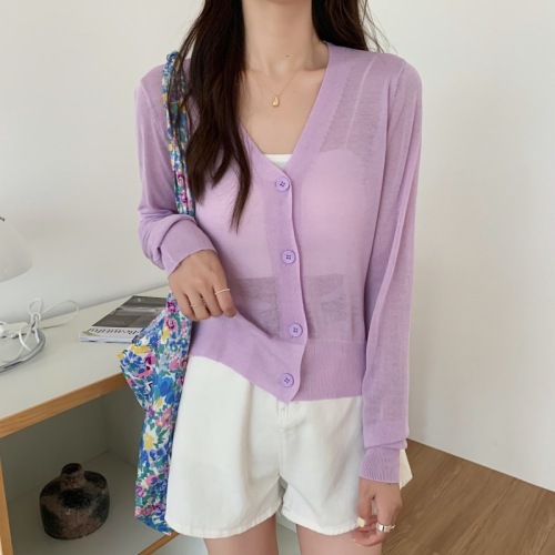 Real shot -v-neck thin knitted cardigan top women's summer soft sweet loose short sleeved sunscreen coat