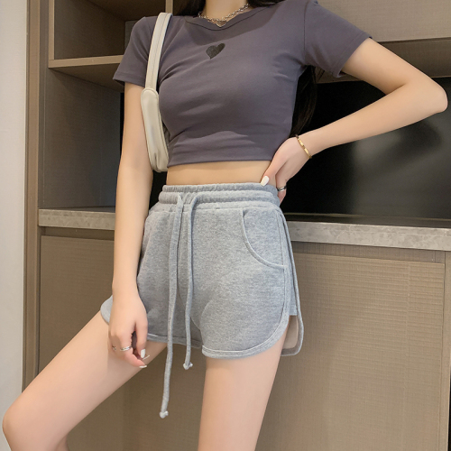 Real shot of Mini High Waist casual sports shorts women's new loose wide leg hot pants trend in summer