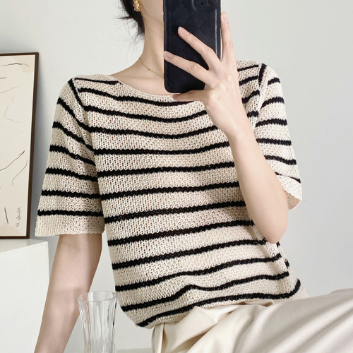 2022 summer resort stripe contrast color short sleeve ice silk T-Shirt Top hollow woven T-shirt women's short thin