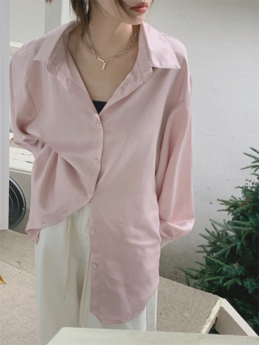 Real shot real price Satin shirt women's new loose long sleeve back letter printed top in spring and summer 2022