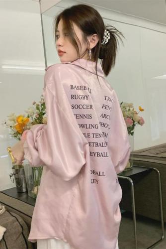 Real shot real price Satin shirt women's new loose long sleeve back letter printed top in spring and summer 2022