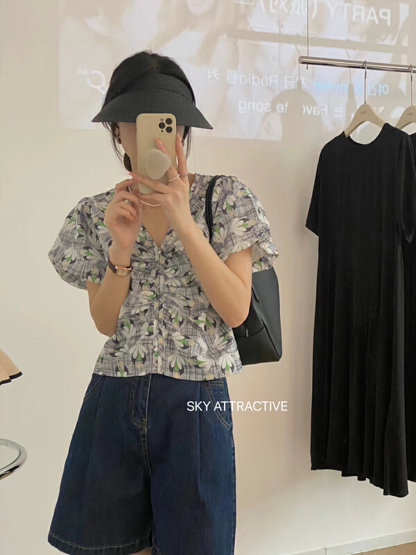 [sky] Korean floral zipper bubble sleeve shirt 19297\hbx