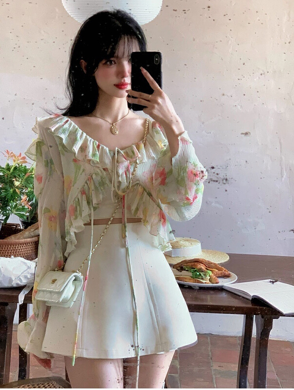 [w design] sweet floral Ruffle lace up sun shirt 42971\wpl