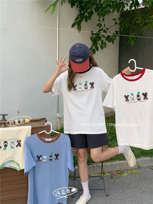 [naisijia] round neck color contrast edge cartoon short sleeve T-shirt 2228\zjy