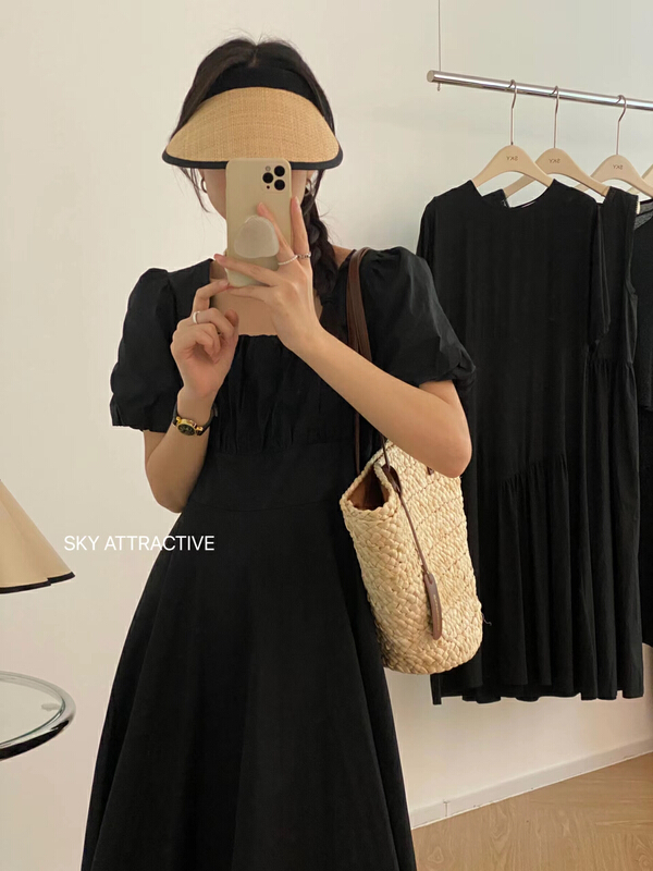 [sky] square neck bubble sleeve waist dress 9629s\hbx