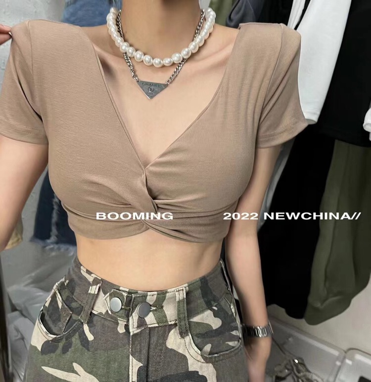 [looming] niche short V-neck short sleeve T-shirt 2475\zxl